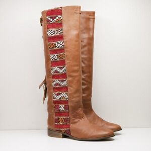 HOWSTY Aisha Kilim Leather Tall Boots Brown Boho Tribal Made in Spain Sz 36 US 6